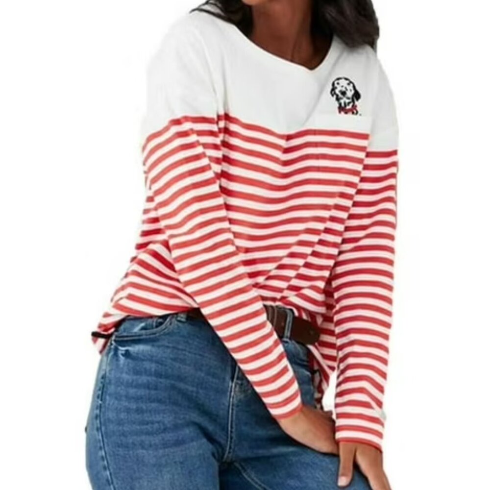 Joules Marina Red Striped Dalmation Dog Embroidered Cotton Top Women's size 22